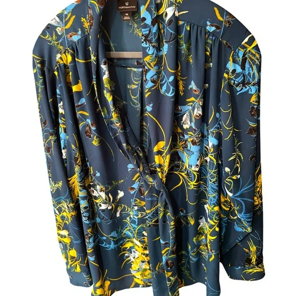 Worthington Blue and Yellow Floral Wrap Top - Picture 1 of 10